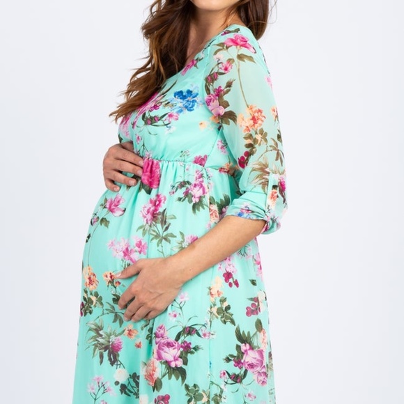 PinkBlush Mint Floral Chiffon Maternity Dress - Picture 2 of 3